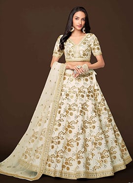 Cream Art silk Embroidered Umbrella Lehenga