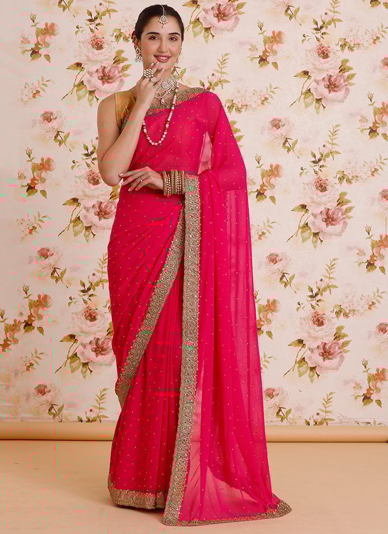 Pink Color Faux Georgette Handwork Saree Party Wear