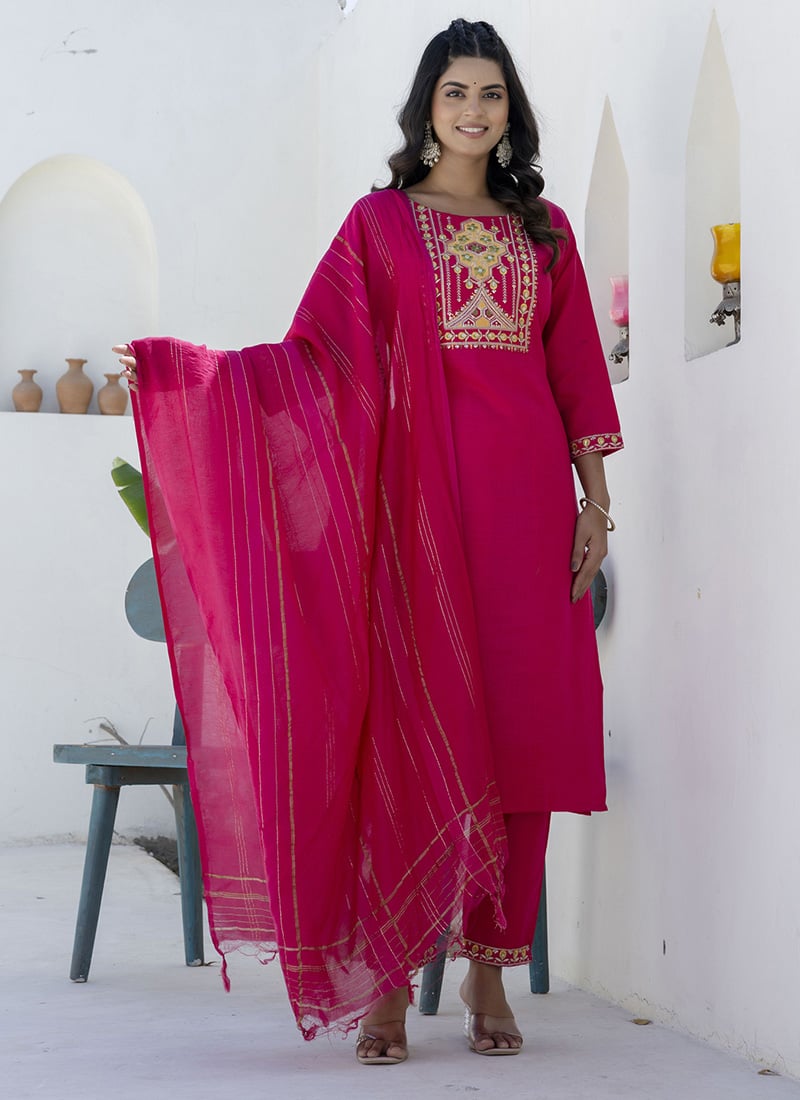 Pink Cotton Blend Straight Pant Suit With Embroidery