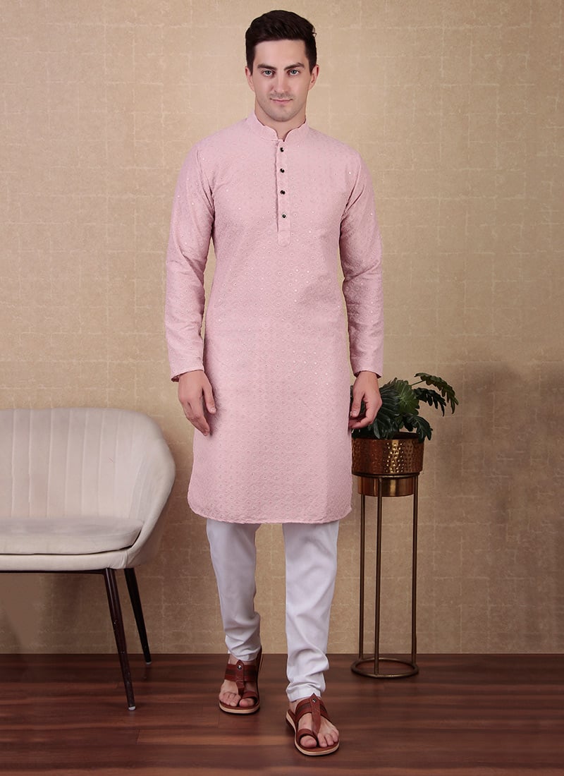 Pink Cotton Chikankari Sequins Kurta Pyjama Festive Wear