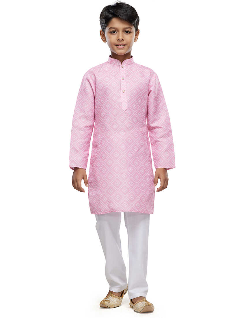 Pink Cotton Digital Print Classic Kids Kurta Pyjama For Young Boys Festive Wear