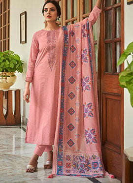 Pink Cotton Digital Print Embroidered Straight Pant Suit