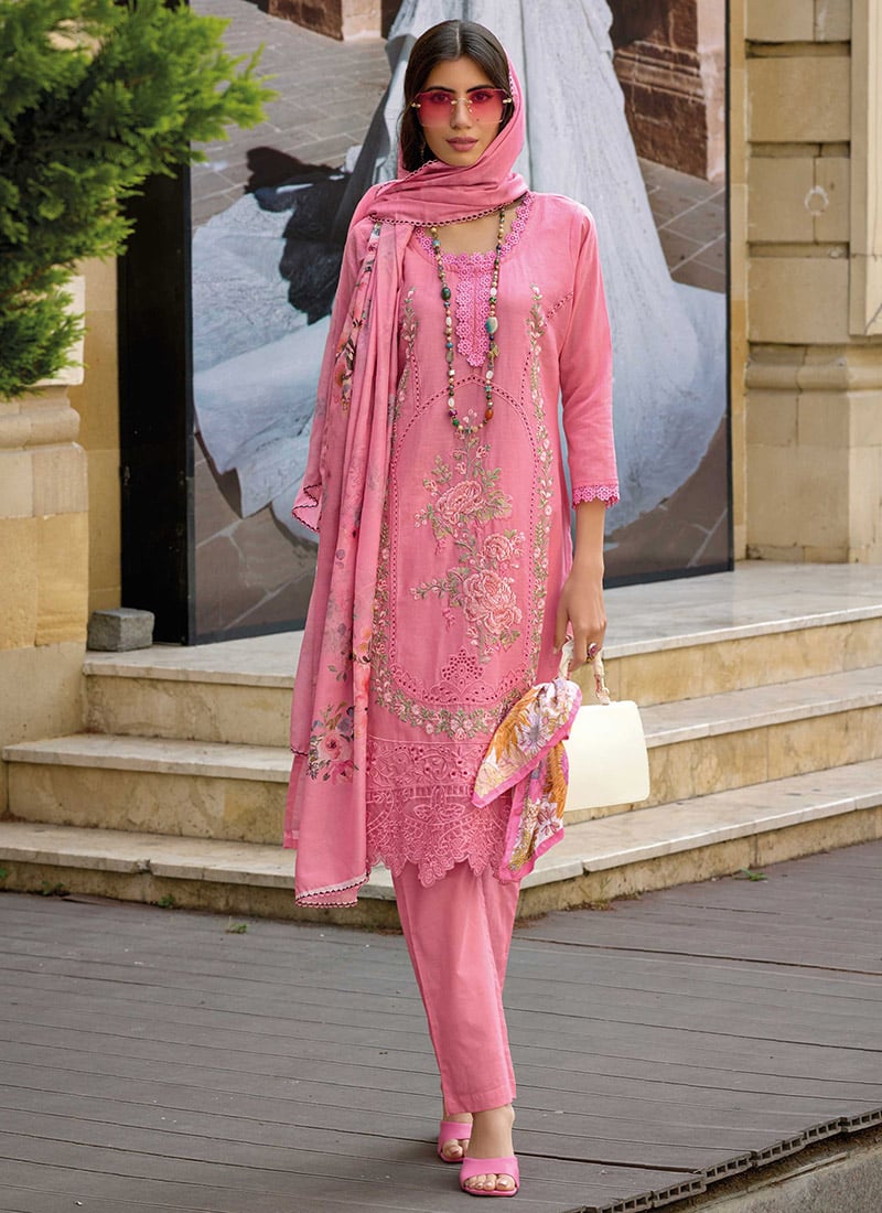 Pink Cotton Digital Print Embroidered Stunning Straight Pant Suit After Six Wear