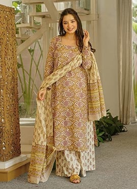 Beige Cotton Digital Print Palazzo Suit