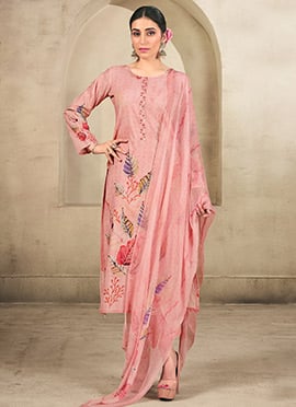 Pink Cotton Digital Print Straight Pant Suit