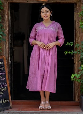 Pink Cotton Embroidered Anarkali Kurti