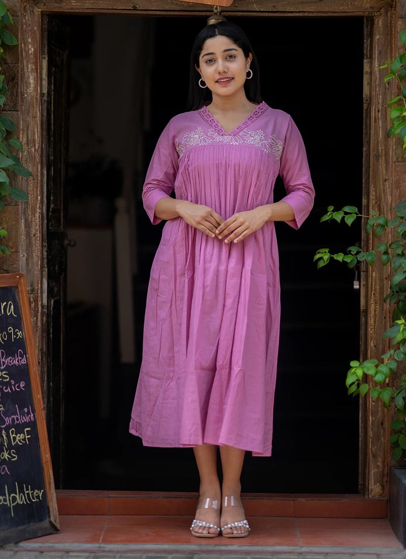 Pink Cotton Embroidered Anarkali Kurti After Six Wear