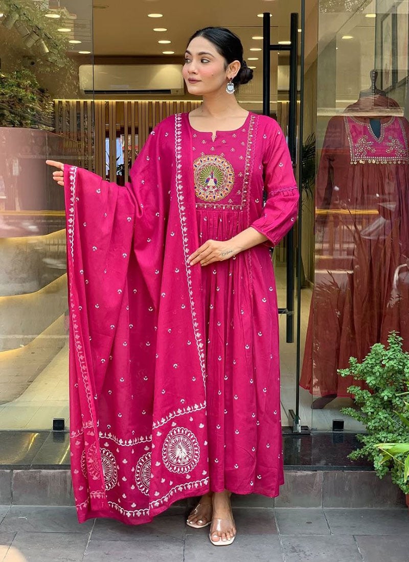 Pink Cotton Embroidered Anarkali Suit Festive Wear