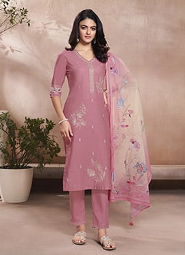 Pink Cotton Embroidered Digital Print Straight Pant Suit