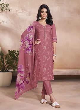 Pink Cotton Embroidered Digital Print Straight Pant Suit