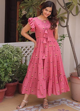Pink Cotton Embroidered Fit And Flare Dress