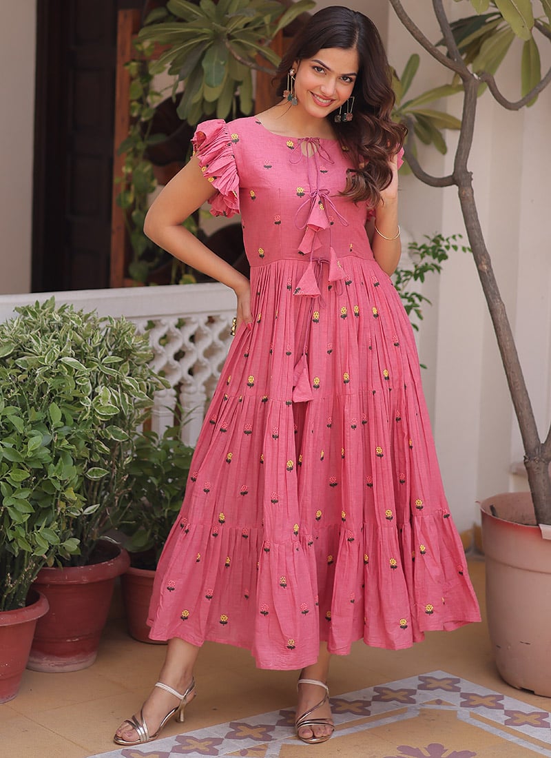 Pink Cotton Embroidered Fit And Flare Dress After Six Wear