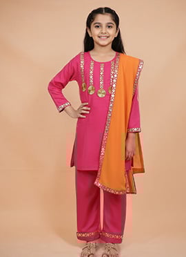 Pink Cotton Embroidered Kids Girls Straight Pant Suit