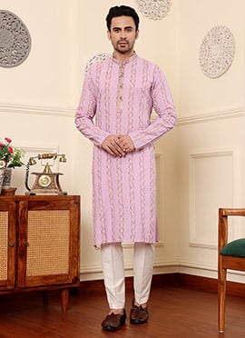 Pink Cotton Embroidered Kurta For Men