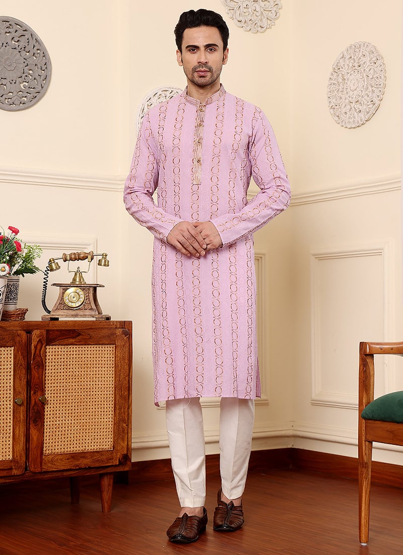 Pink Cotton Embroidered Kurta For Men