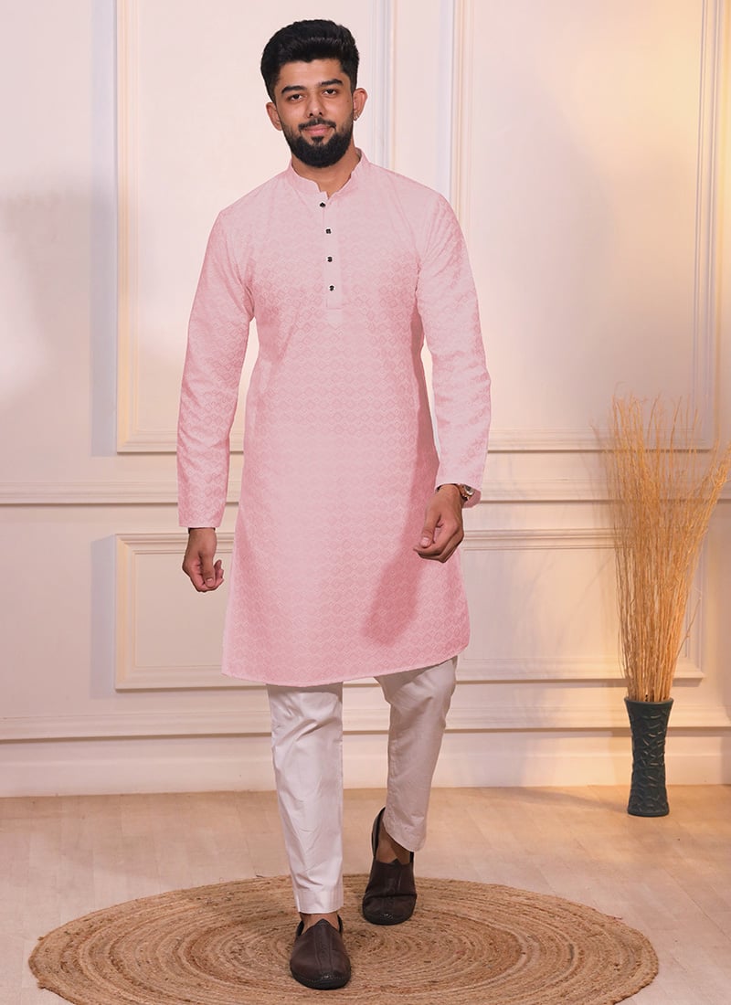 Pink Cotton Embroidered Kurta Pyjama For Men Festive Wear