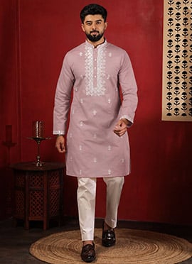 Pink Cotton Embroidered Kurta Pyjama For Men