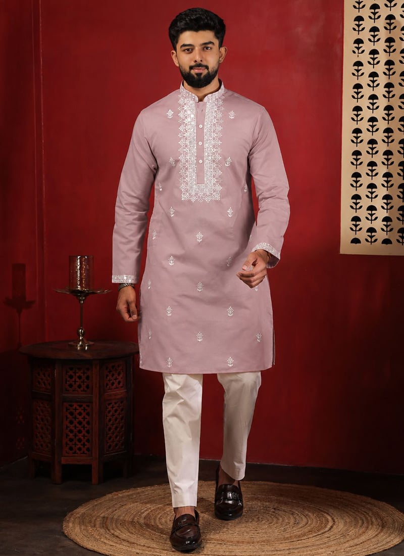 Pink Cotton Embroidered Kurta Pyjama For Men Festive Wear