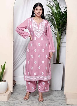Pink Cotton Embroidered Kurta Straight Pant Set