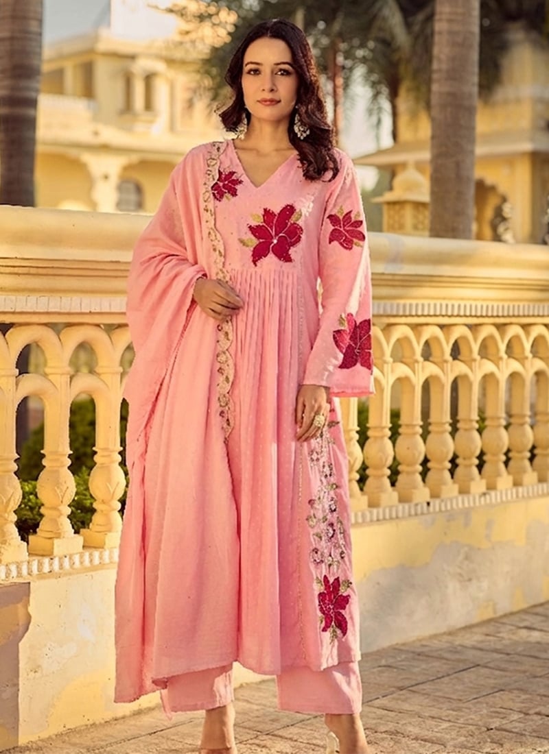 Pink Cotton Embroidered Sequins Straight Pant Suit Festive Wear