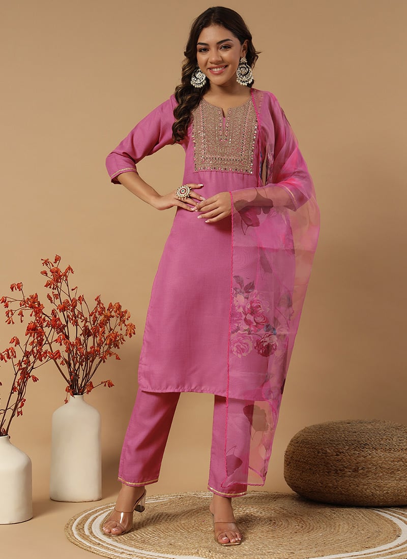Pink Cotton Embroidered Sequins Straight Pant Suit With Digital Print Dupatta After Six Wear