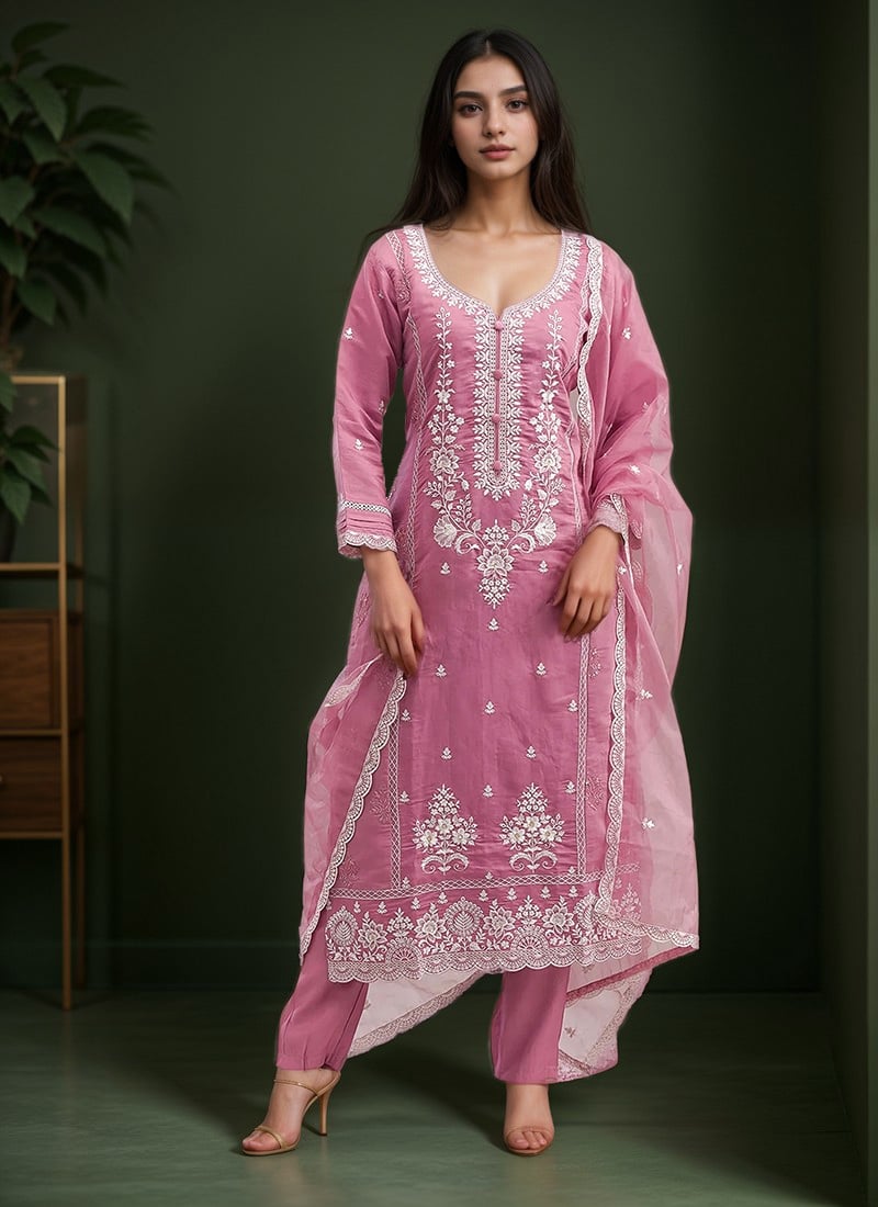 Pink Cotton Embroidered Straight Pant Suit Festive Wear