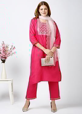 Pink Cotton Embroidered Straight Pant Suit