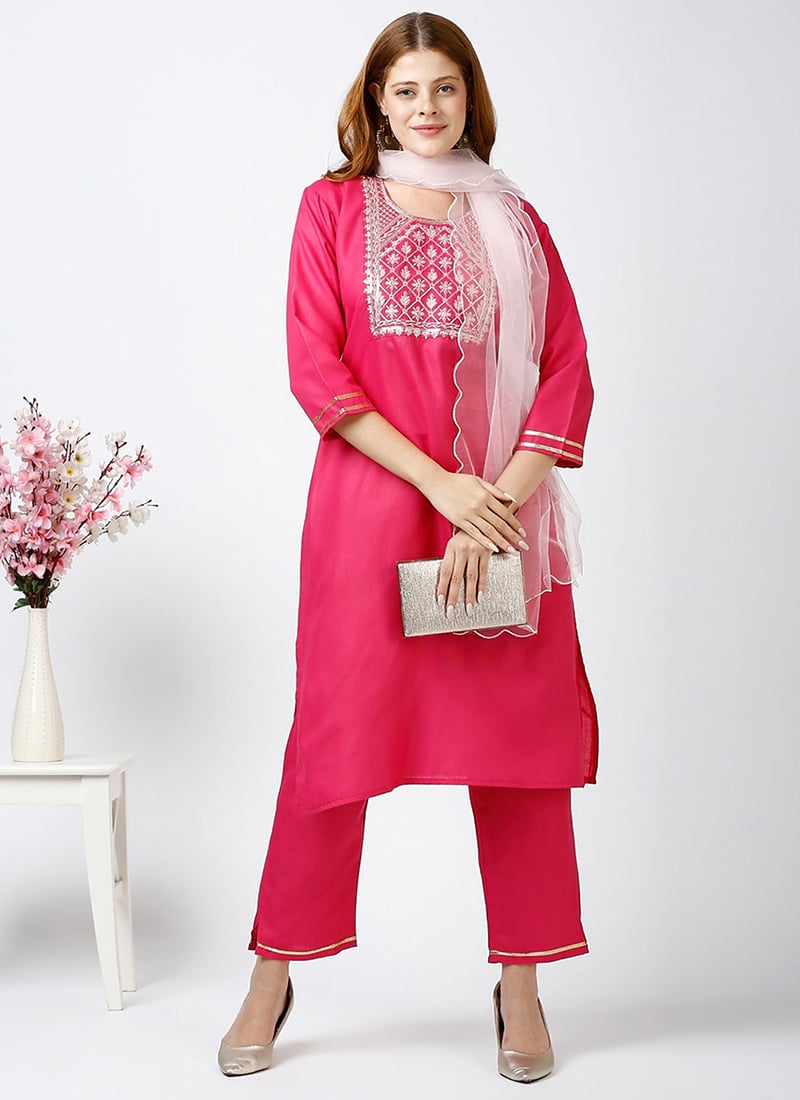 Pink Cotton Embroidered Straight Pant Suit After Six Wear