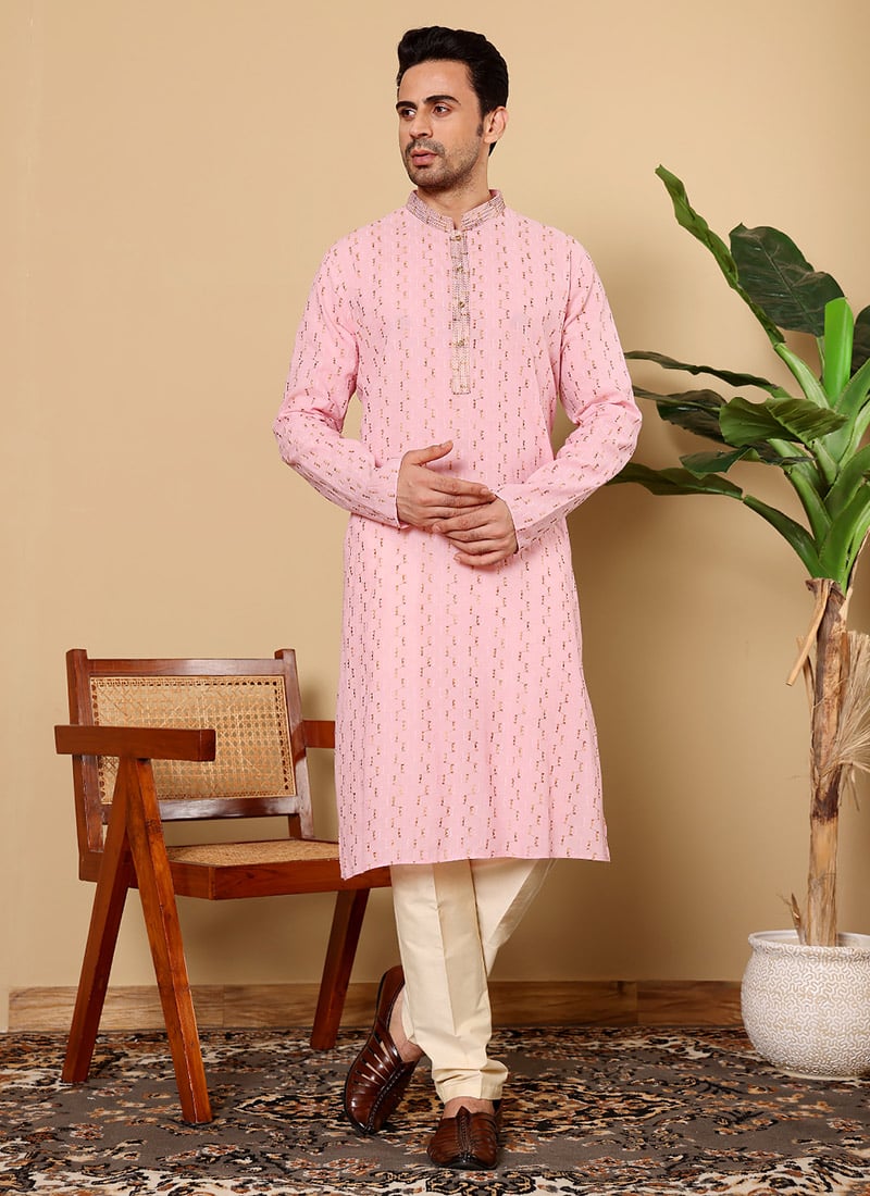 Pink Cotton Embroidered Traditional Kurta For Men