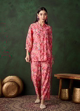 Pink Cotton Floral Print Indowestern Co ord Set