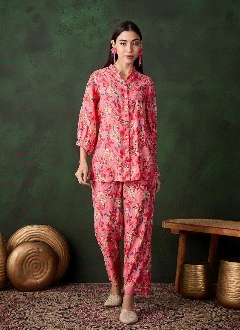 Pink Cotton Floral Print Indowestern Co ord Set After Six Wear