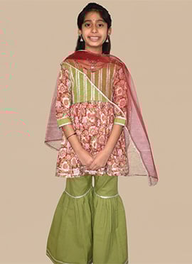 Pink Cotton Floral Print Kids Girls Sharara Suit