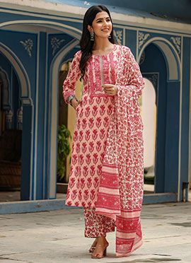Pink Cotton Floral Print Straight Pant Suit And Matching Dupatta