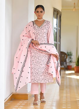 Pink Cotton Floral Printed Embroidered Straight Pant Suit