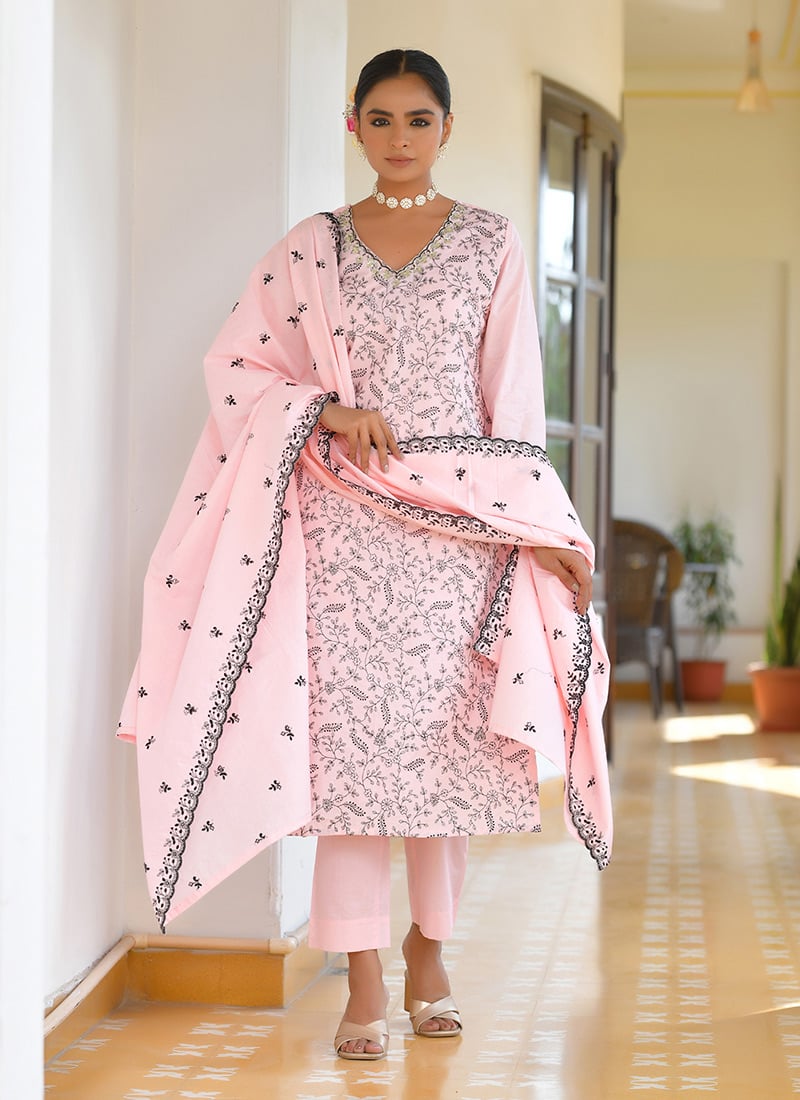 Pink Cotton Floral Printed Embroidered Straight Pant Suit Festive Wear