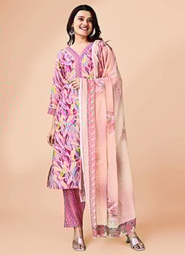 Pink Cotton Floral Printed Straight Pant Suit