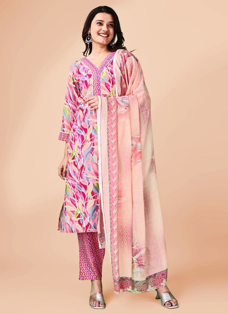Pink Cotton Floral Printed Straight Pant Suit After Six Wear