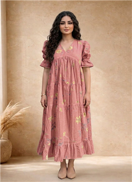 Pink Cotton Floral Printed Tiered Dress