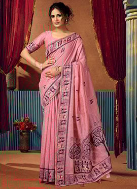 Pink Cotton Foil Print Saree