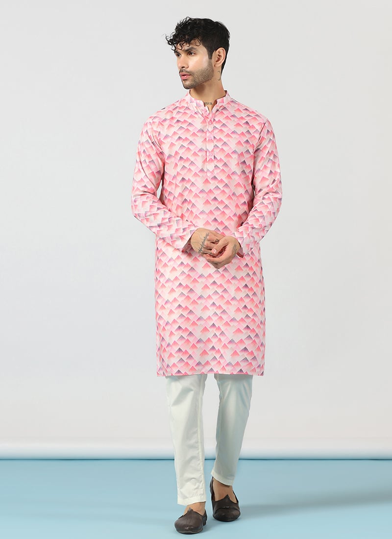 Pink Cotton Geometric Print Kurta Pyjama Festive Wear
