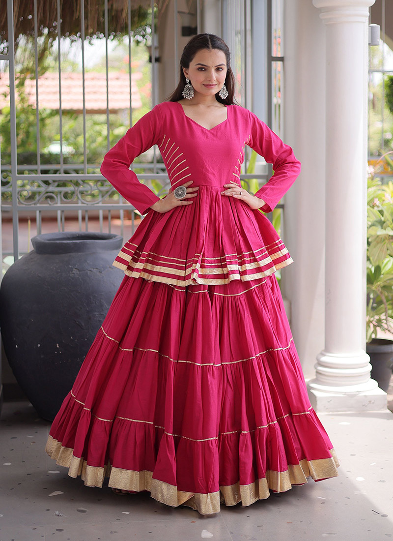 Pink Cotton Gota Patti Peplum Skirt Set Festive Wear
