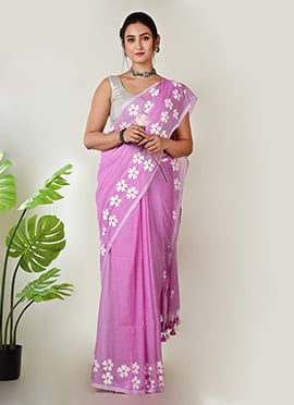 Pink Cotton Hand Painted Saree