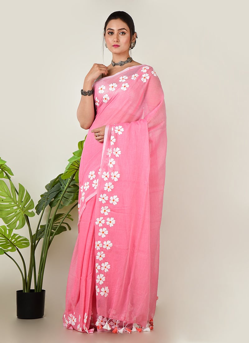 Pink Cotton Hand Painted Saree After Six Wear