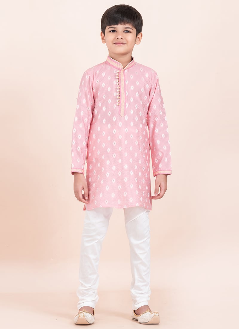 Pink Cotton Jacquard Kids Boys Kurta Pyjama Festive Wear