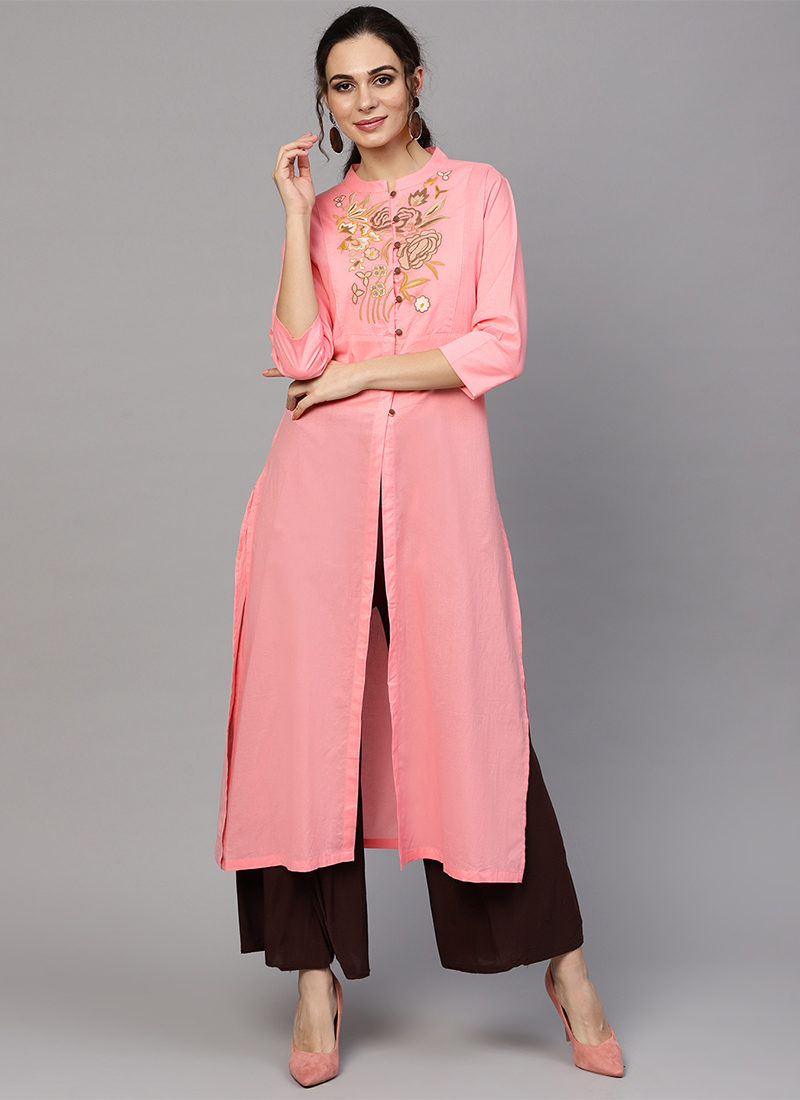 Buy Pink Cotton Kurti, Embroidered, knee length kurti Online Shopping