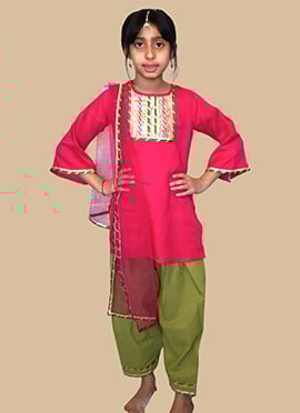 Pink Cotton Lace Work Kids Girls Salwar Suit