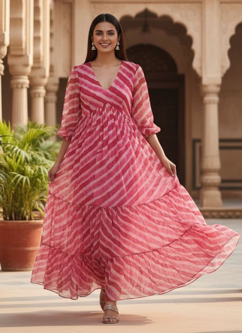 Pink Cotton Leheriya Printed Gown
