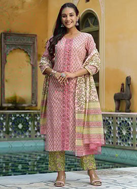 Pink Cotton Motif Print Straight Pant Suit And Matching Dupatta