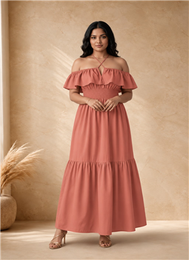 Pink Cotton Off Shoulder Smocked Maxi Dress
