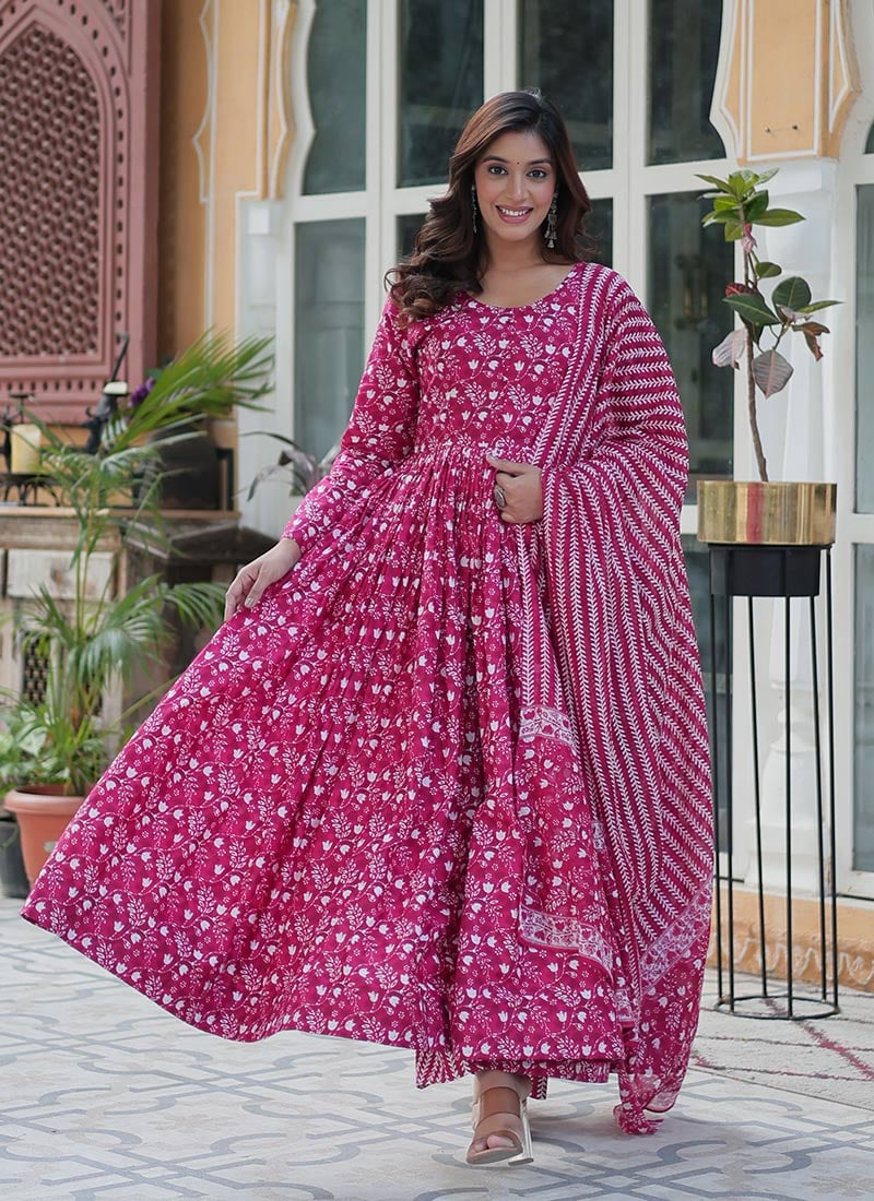 Pink Cotton Printed Anarkali Suit After Six Wear